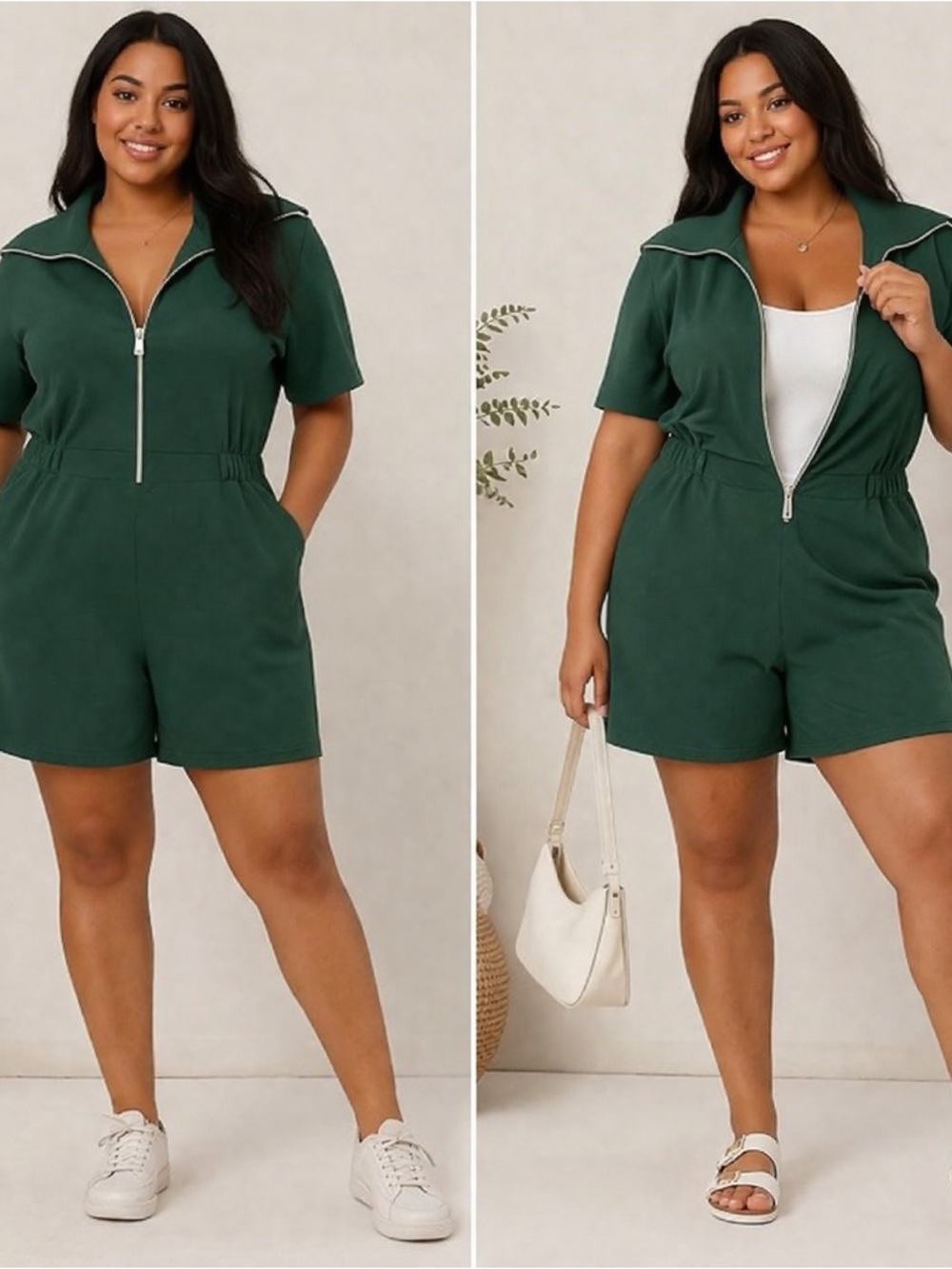 Short-Sleeve Zip Romper in Forest Green 06-0229